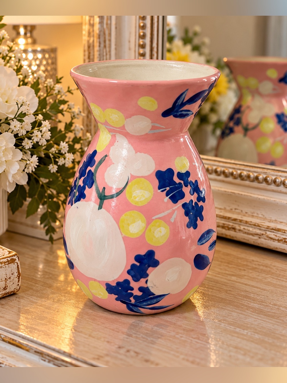 Anthropologie Pink Floral Ceramic Vase Hand Painted Blue Yellow White Flowers 6”